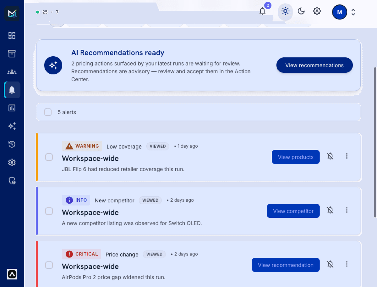 Écran de triage des alertes avec des alertes d’avertissement, d’info et critiques filtrées par gravité